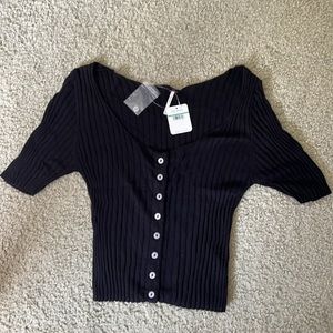 Free People Little Cutie Black Ribbed Knit Short Sleeve Cardigan